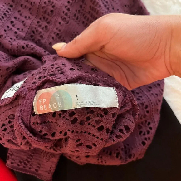 Free People Beach Women Purple A Line Dress S Short Sleeve Lace Floral Mock Neck - Picture 2 of 12